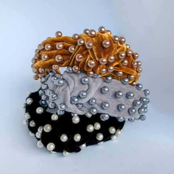 pearl headband in grey velvet | jewelled headband | velvet headbands by tanya litkovska