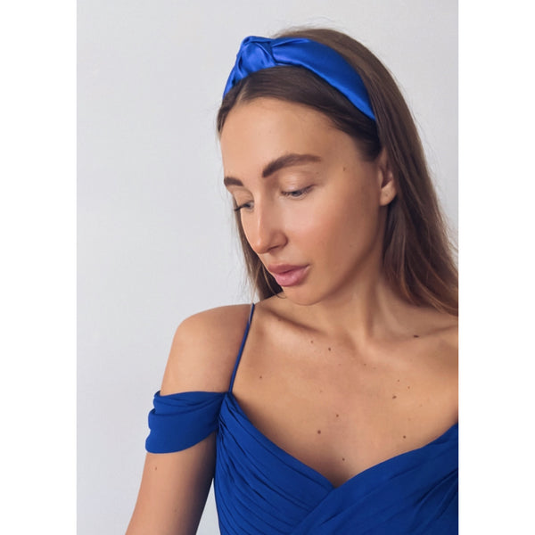 Silk Knotted Headband in Cobalt Blue