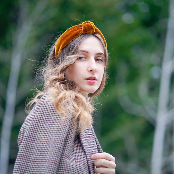gold velvet headband | bow headband | knot headband by tanya litkovska