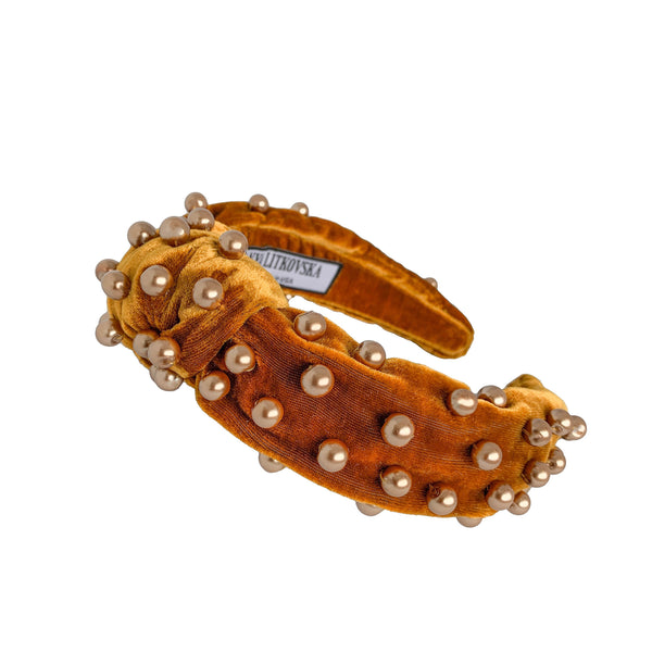 knot gold velvet headband with pearls | pearl headband | knot headband by tanya litkovska