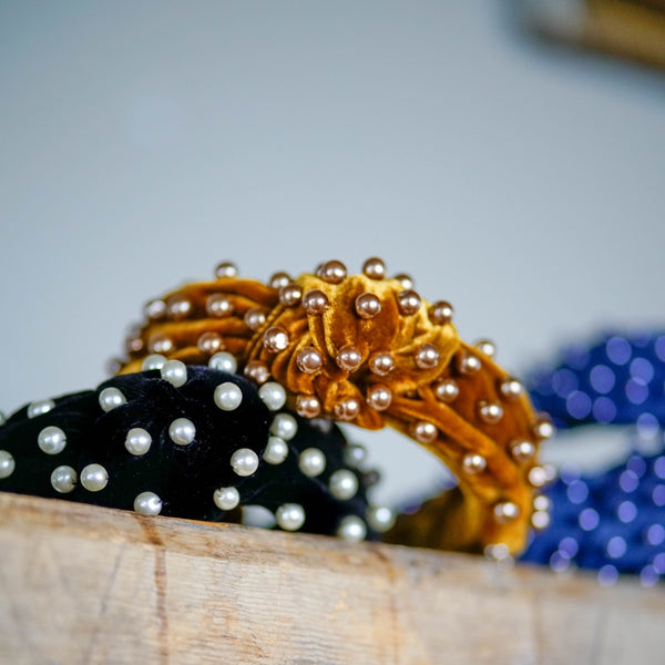 knot gold velvet headband with pearls | pearl headband | knot headband by tanya litkovska