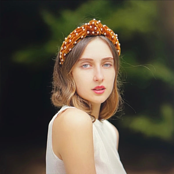 knot gold velvet headband with pearls | pearl headband | knot headband by tanya litkovska