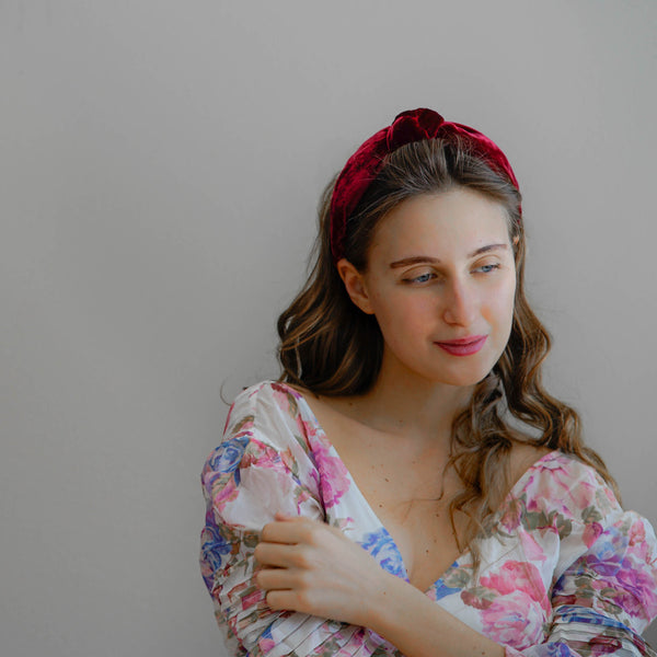 knotted headband | red velvet headband | hair accessories for women by tanya litkovska