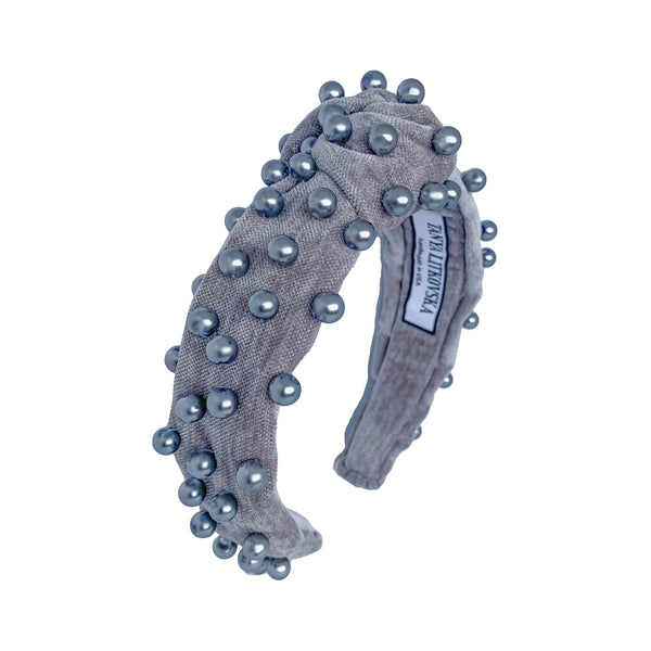 pearl headband in grey velvet | jewelled headband | velvet headbands by tanya litkovska