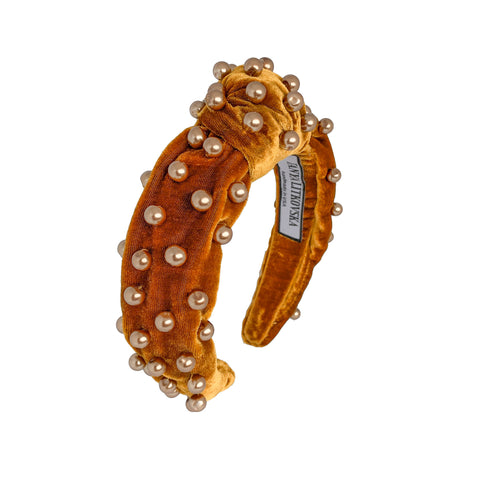 knot gold velvet headband with pearls | pearl headband | knot headband by tanya litkovska