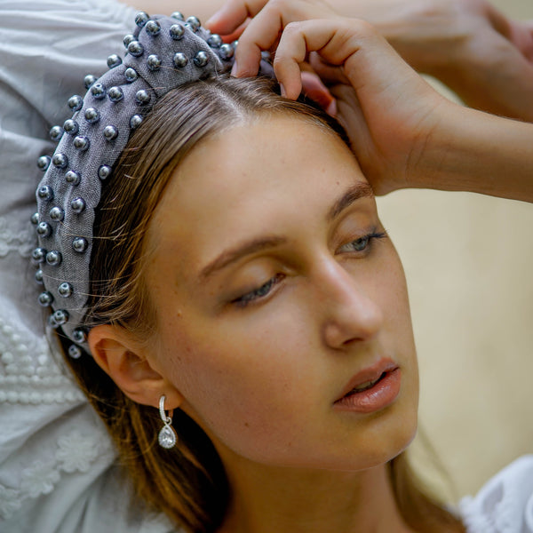 pearl headband in grey velvet | jewelled headband | velvet headbands by tanya litkovska
