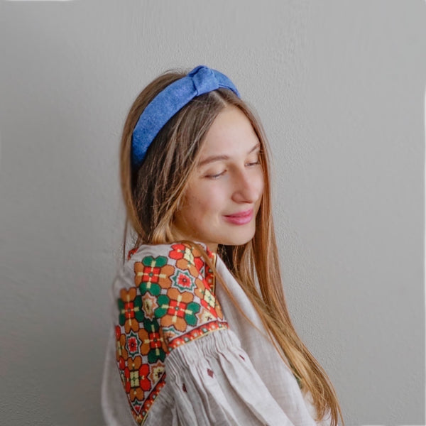 denim headband | slim knot blue headband by tanya litkovska